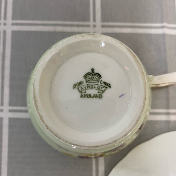 Vintage Aynsley Mint Green Purple Yellow Violets Bone China Teacup Saucer Gilded - Picture 7 of 8